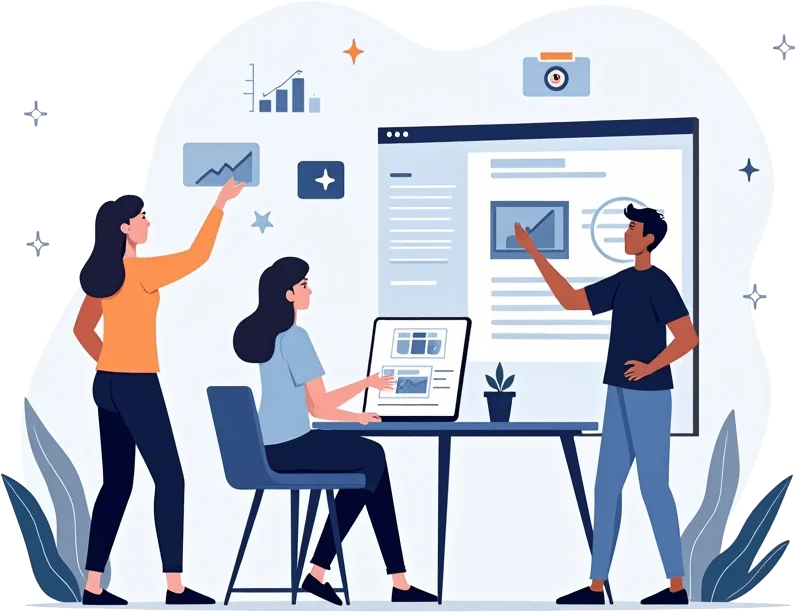 People collaborating around a large screen displaying data and charts